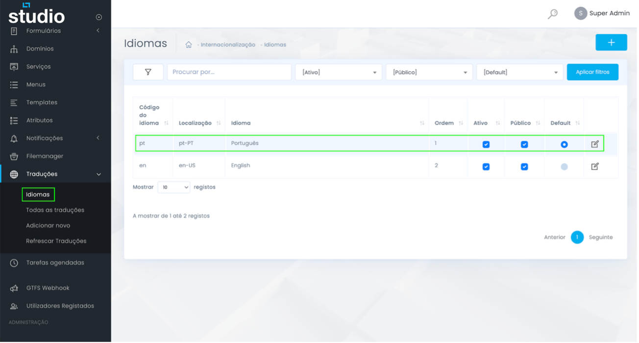 Listagem de idiomas no Studio CMS com estados de ativo, público e default